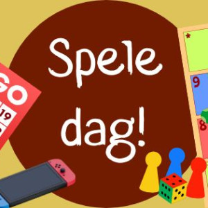 Ein banner med teksten Speledag!, illustrasjon av bingobrett, stigespel og nintendo switch