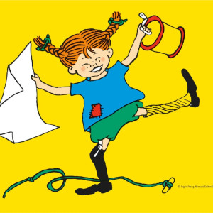 Ilustrasjon av pippi langstrømpe som står på eit bein med ei gåve ho har opna opp