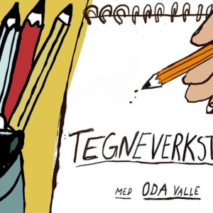 Teikning av ei hand som held ein blyant, ei blokk med påskrift tegneverksted av Oda Valle