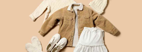 jakke, genser, sko, skjørt, vottar på beige bakgrunn